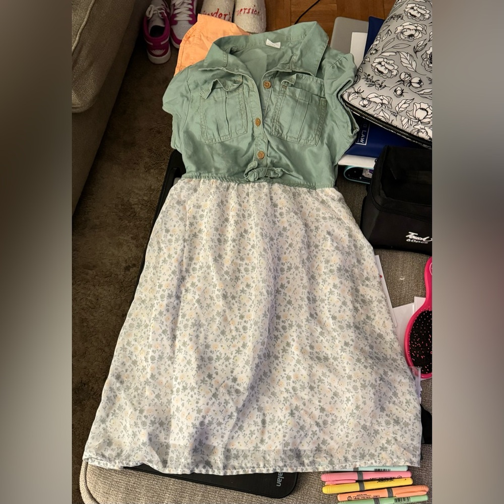Girls green & floral dress